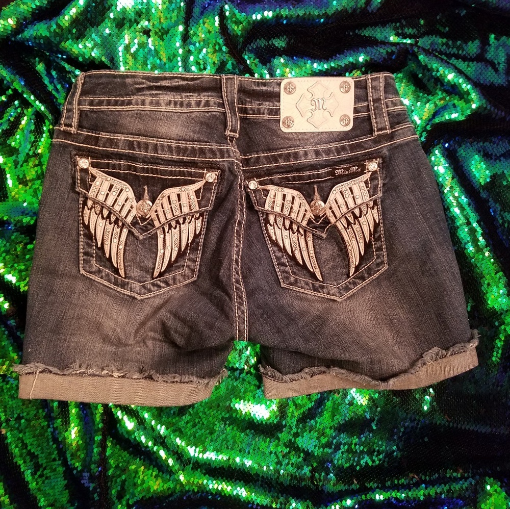 Miss Me jean rhinestone wing shorts, size 28